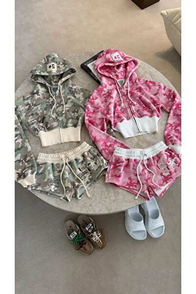 Gofeel Kadın Kamuflaj Desenli Fermuarlı Crop Hoodie & Şort Takım ( 3iplik)