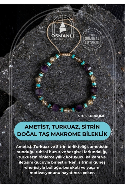 OSMANLI DOĞAL TAŞ Certified Amethyst, Turquoise and Citrine Natural Stone Macrame Bracelet (Sk:160)