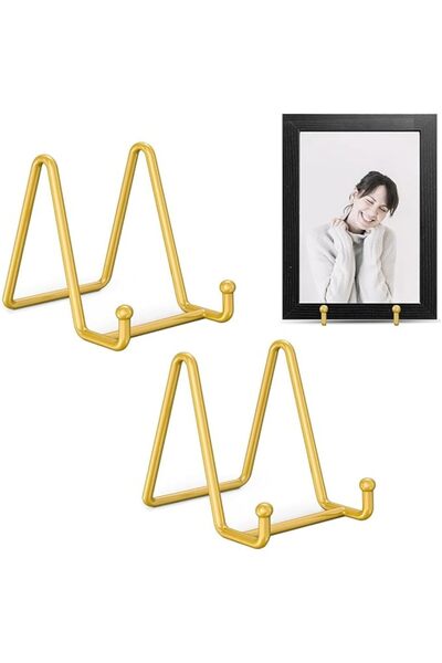 Arabest 2Pcs Plate Stands for Display, 3 Inch, Metal Frame Holder Stand, Photo Frame Bracket (Gold)