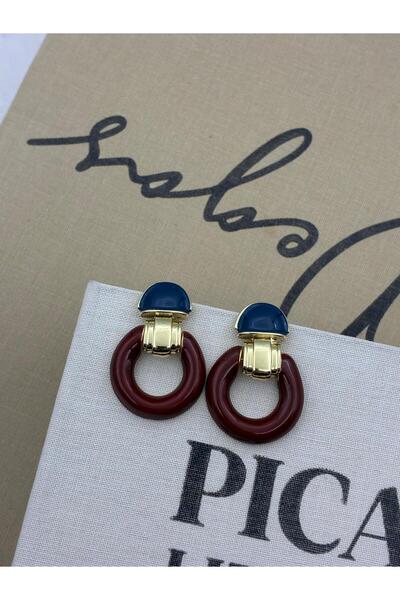 Hedef Bijuteri Navy Blue Burgundy Colored Gold Detailed Round Design Earrings