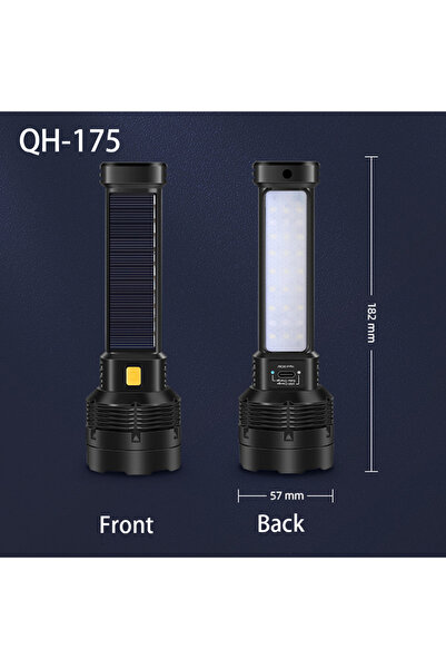 Choice مصباح يدوي قوي بتقنية LED طراز PJ-QH-175 مزود بإضاءة جانبية بتقنية COB، قابل لإعادة الشحن عبر منفذ USB ويعمل بالطاقة الشمسية.