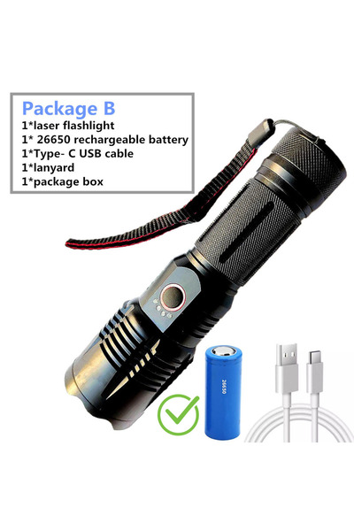 Choice مصباح يدوي LED محمول عالي الطاقة ذو مدى طويل يعمل ببطارية ليثيوم معدنية ZOOM سوداء W308 مع كشاف ضوئي LED عالي الطاقة 26650 وشاحن محمول.