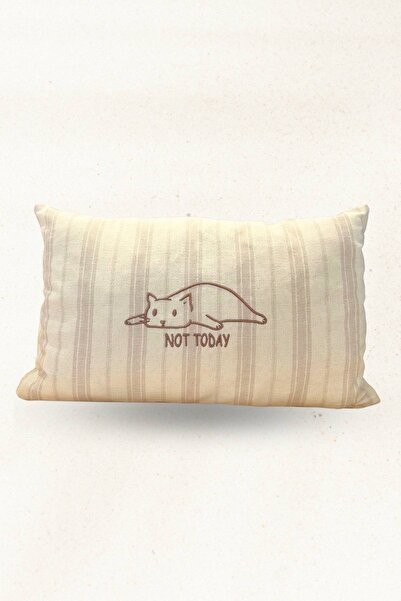Elegancembroidery Kedi Detaylı Keten Dekoratif Yastık – Kedi Nakışlı Dolgulu Kırlent