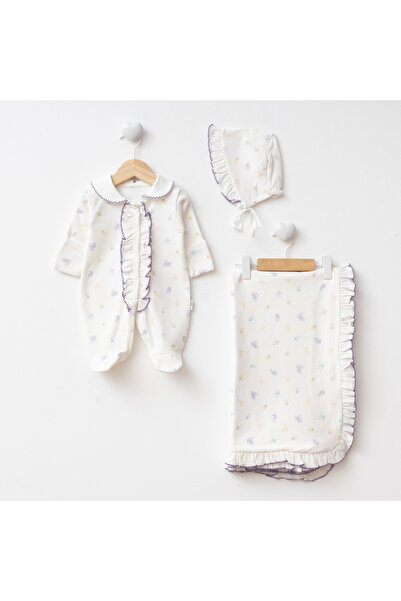 Eda Baby Zarif Çiçek Desenli Fırfırlı Kendinden Eldivenli Tulum Şapka ve Batt...