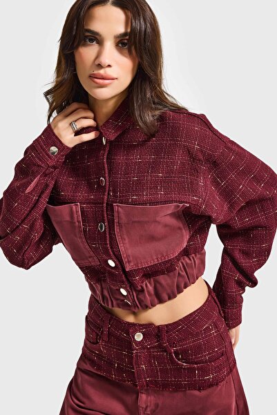 it's basic سترة نسائية من قماش الدنيم المنسوج باللون العنابي 6w6-35 بتصميم خاص بأزرار أمامية