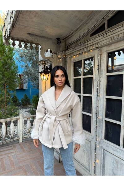 SUN STYLE معطف نسائي مبطن بالفرو مع ياقة شال وحزام