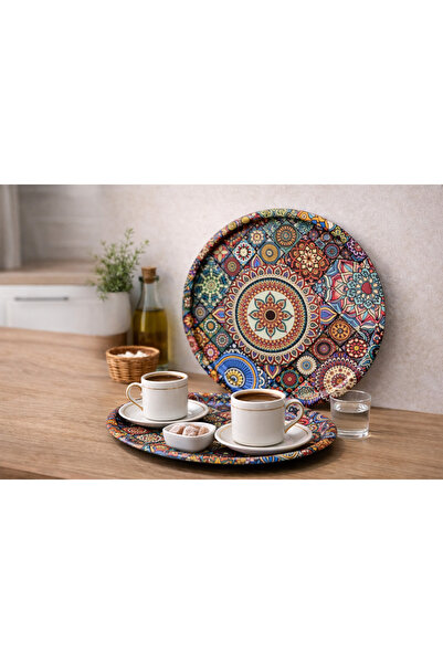 ATAGİFT HEDİYELİK Mandala Çiçek Desenli Yuvarlak Metal Türk Kahvesi Sunum Tep...