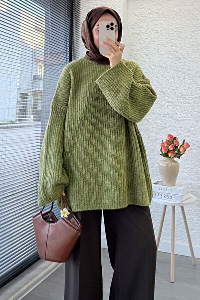 MELEK ARAZ Premium Oversize Basic Kadın Triko Kazak – Yağ Yeşili