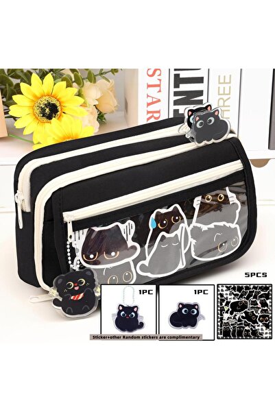 Choice مقلمة قطة سوداء كبيرة السعة مكونة من 8 قطع مع مشبك وملصقات - مصنوعة من...