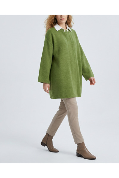 MİYALORA Salaş Çift Düğmeli Triko Panço - Fıstık Yeşili
