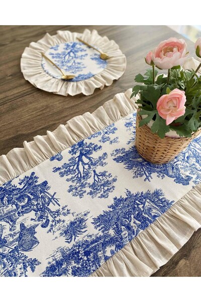 HOME ART ATELIER hand made Mavi Vintage Desenli Fırfırlı Runner 40x110 Cm