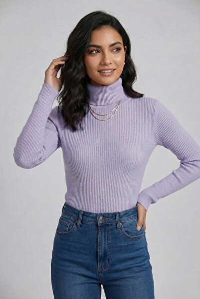 nacar çarşı Γυναικείο πλεκτό πουλόβερ με λιλά κορδόνια και ολόσωμο ζιβάγκο