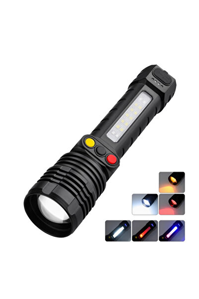 Heinast مصباح يدوي عالي الطاقة ZOOM H005 أسود اللون، ضوء أبيض/أحمر/أخضر، 3 ألوان، متعدد الوظائف وقابل لإعادة الشحن