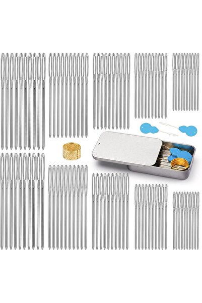 Choice 100pcs MIUSIE 100Pcs Stainless Steel Large-Eye Blunt Needles with Needle Threader Thimble Yarn Needl