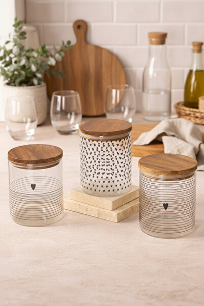 DİVAYS 3'lü Kalp Desenli Bambu Kapaklı Cam Kavanoz Seti 800ml - Dekoratif Mutfak Saklama Kabı