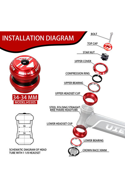 BUCKLOS طقم سماعة رأس دراجة حمراء مقاس 34-34 مم، محامل مغلقة مقاس 1-1/8 بوصة،...