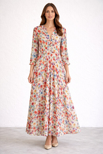 Ekol فستان شيفون مبطن بأكمام طويلة من كلوتلي