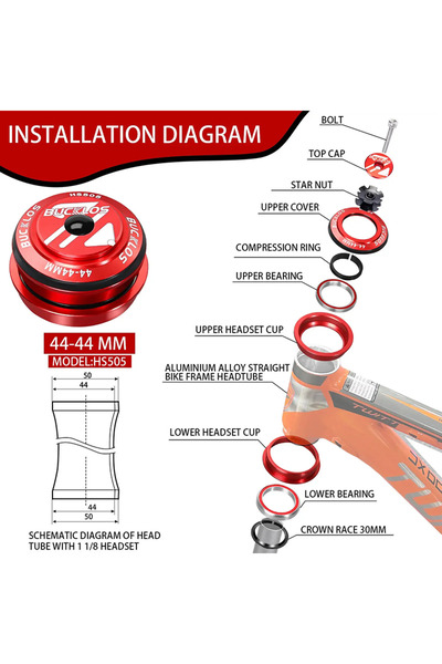BUCKLOS طقم سماعة رأس دراجة حمراء مقاس 44-44 مم، محامل مغلقة مقاس 1-1/8 بوصة،...