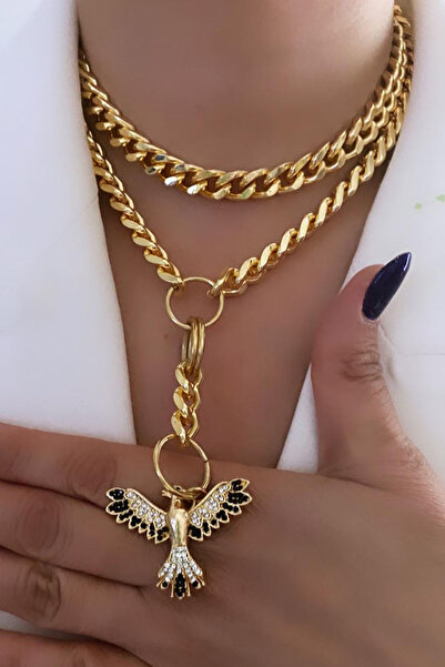 Liveyn Design Zirkon Taşlı Anka Figürlü İki Sıralı Gold Renk Kadın Zincir Kolye