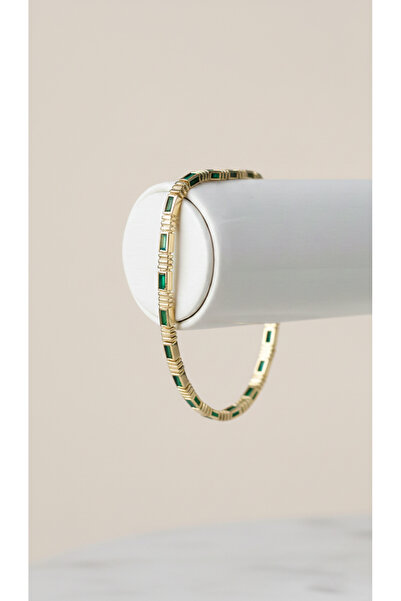 Lune Design Baget Kesim Zümrüt Yeşili Taşlı Modern Çelik Bileklik