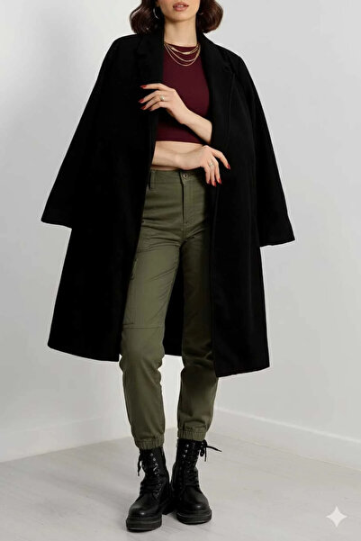 Modayıldızlar Morena Kadın Siyah Astarlı Kaşe Kaban 110 cm - Kuşaklı, Normal ...