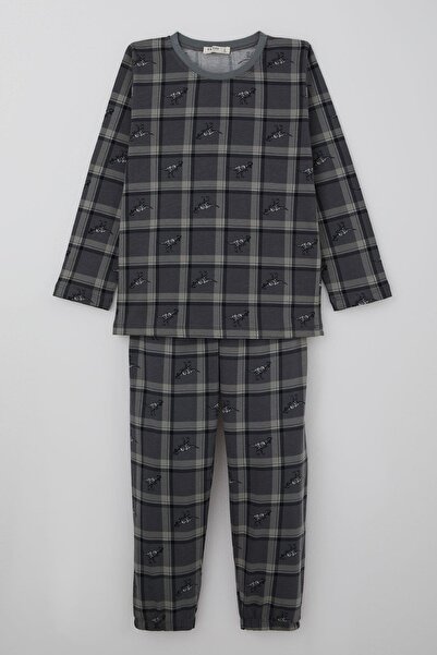 Breeze Boys' Pajama Set Dinosaur Kingdom Plaid Pattern 4-8 Years Old, Gray