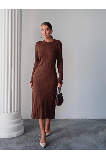 Maysev Midi Boy Ribana Örgü Çizgili Bisiklet Yaka Slim Fit Kalıp Uzun Kollu K...