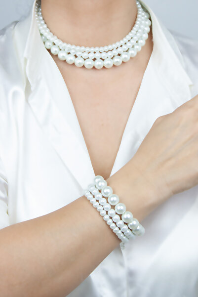 Liveyn Design Glass Pearl Detailed Three Row Women's Necklace and Bracelet Set