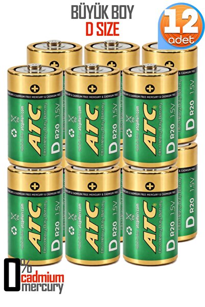 Venenon ATC 12li Büyük Boy Pil R20 D-Size Pil D Boy Pil Oyuncak Pili Çinko Ka...