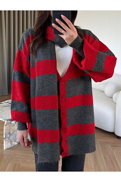İNVİSUS Striped Cardigan with Red Scarf