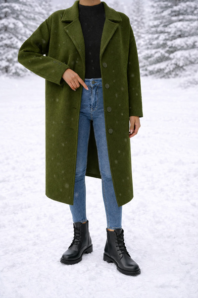 Timburly Astarlı Düğme Detaylı Kaşe Kaban