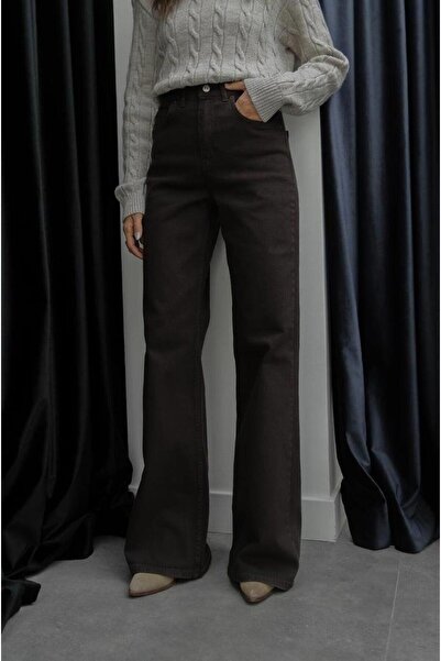 Ecenin Favorileri Γυναικείο τζιν παντελόνι με φαρδύ πόδι με ανταύγεια καφέ