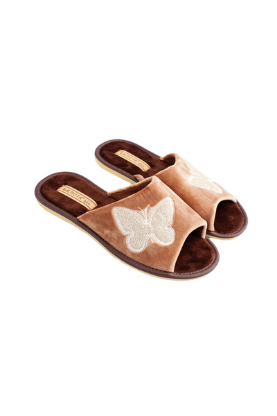 Belsta Papuci de casă cu broderie fluture, culoare maro, marimea 38