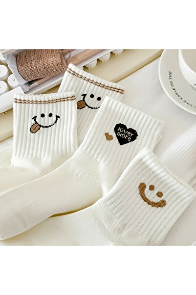 çorapmanya Kadın Çok Renkli Yarım Konç Gülen Yüz İfadeli Çorap 5 Çift