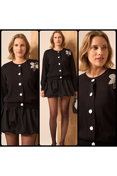 MODA S&S BZLİNE Çiçek detaylı hırka siyah
