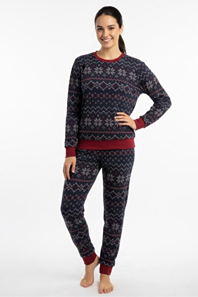 İPEKTENİM Kar Taneleri ve Etnik Desenli Kol/Etek Ucu/Paça Manşetli Pijama Takımı