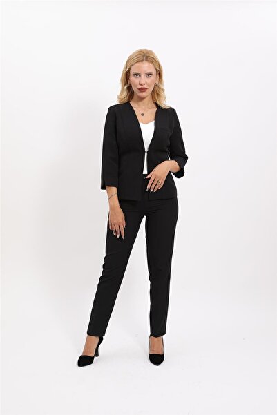 ÖNDER ÖZSOY V-Neck Classic Short Jacket & Slim Leg Pants Women's Suit -Black