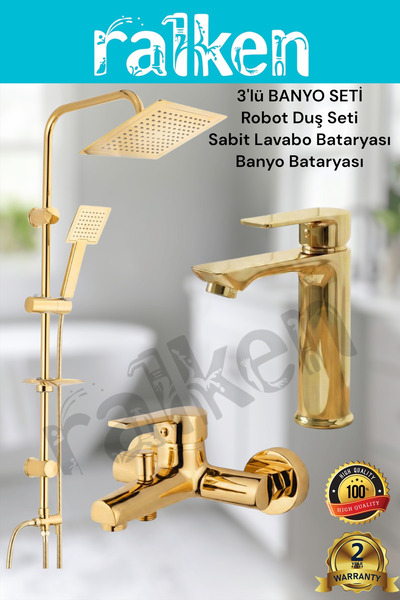 RALKEN 3'lü Gold (Altın) Banyo Seti; Robot Duş Seti, Banyo Bataryası ve Lavab...
