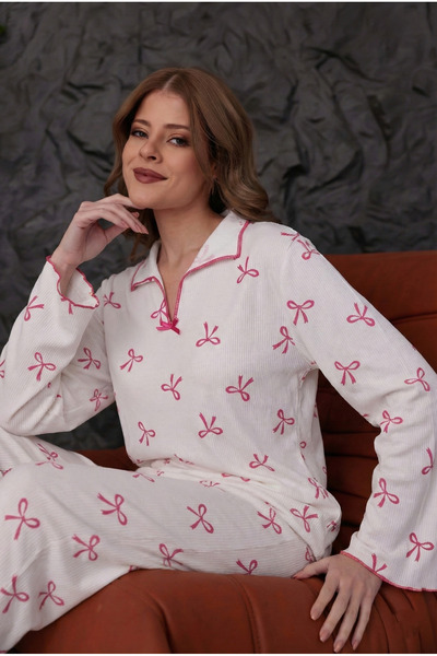 Arvin Pijama Set de pijamale confortabile pentru femei, cu model de panglică roz, textura moale, cu detaliu de fundă din bumbac, cu mâneci lungi