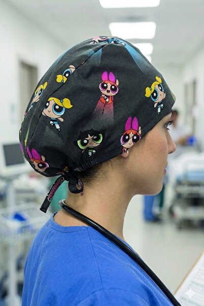 Lion Üniforma PowerPuff Girl Desenli Unisex Cerrahi Bone Hemşire ve Doktor Bone