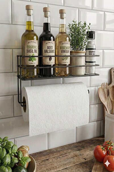 Lilya Home Yapışkanlı Raflı Kağıt Rulo Havluluk Peçetelik Havlu Kağıltlık Siyah Banyo Mutfak Düzenleyici Raf