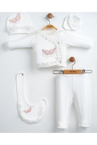 Eda Baby Angel Wing Detailed 100% Cotton Luxury Lace 5-Piece Baby Hospital Re...