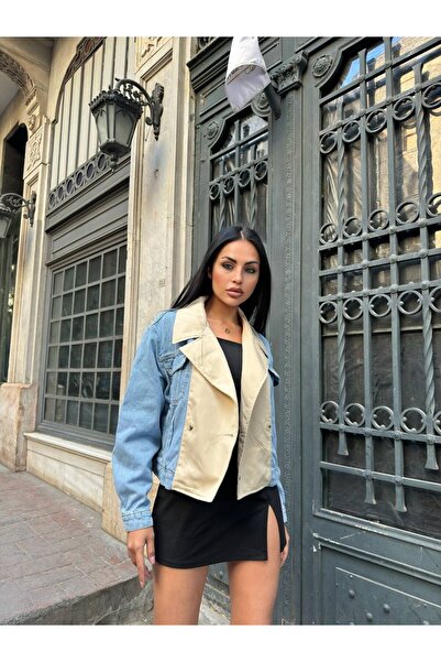 cemo Kontrast Panelli Katmanlı Çentikli Yakalı Kot Ceket,