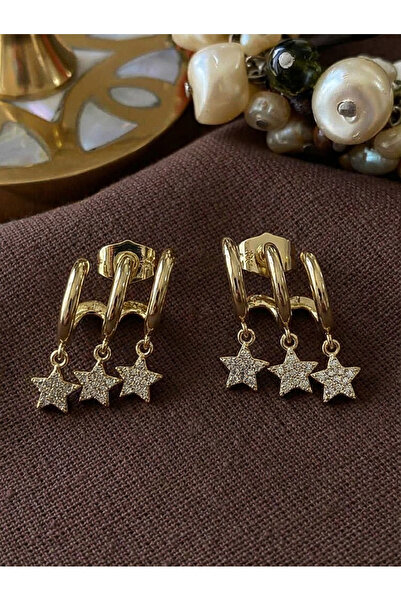 shop VIP 14K Taşlı Yıldız Sallantılı Kaburga Küpe