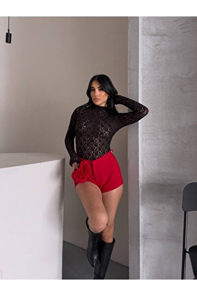 cemo Yüksek Yakalı Şeffaf Desenli Uzun Kollu File Bluz