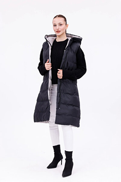 Masyy Moda Morena Siyah Gri Çift Taraflı Kapüşonlu Uzun Şişme