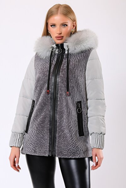 Leather Club Gri Hakiki Deri Aksesuarlı Yün Puffer Kaban