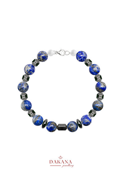 DAKANA JEWELLERY سوار رجالي من حجر اللازورد والهيماتيت الطبيعي المعتمد بقطر 8 مم