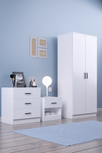 Gubimo Abete 2 Kapılı Geniş Gardırop Komodin 3 Çekmeceli Şifonyer Takım / Beyaz