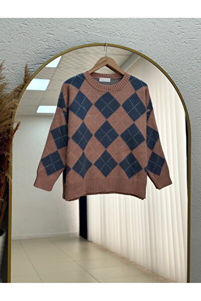 BENAHOLL Pulover tricotat scurt Edibe Bol Baklava Slice-Zİ5579 Pudra